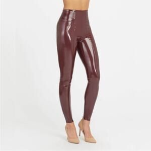 NWT Spanx Faux Patent Leather Leggings Ruby Red Burgundy High Rise Size M Petite